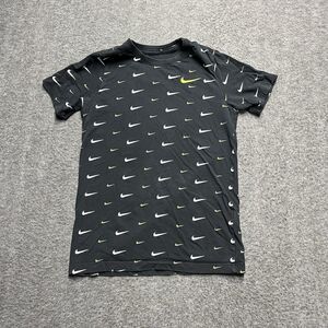 Nike Tee Shirt Youth Large Black Neon/White Swoosh Logo All Over Kids Cotton